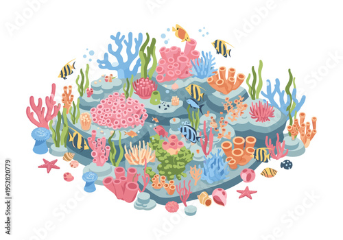 Vibrant coral reef ecosystem teeming with colorful fish and marine life