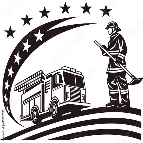 Heroic fireman standing with rescue tool tool in front of fire engine truck decorated with patriotic stars and stripes in classic monochrome design