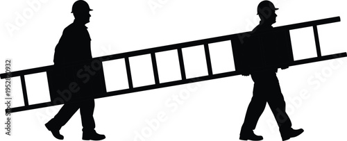 Construction teamwork silhouette, workers carrying ladder safely, hard hats, collaboration, building industry, labor force, occupational safety, teamwork illustration, construction site