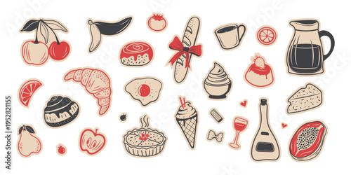A set of hand-drawn stickers of desserts, fruits, berries, pastries, and more. Modern-style drawings. Perfect for printing, menu design, stickers, and more. Vector design.
