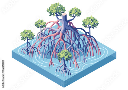 Stylized isometric illustration of mangrove trees with complex root systems growing in water