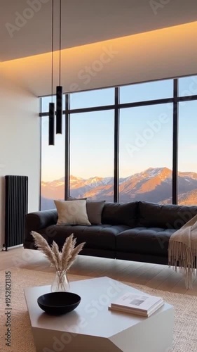 Modern living room interior with mountain view at sunset