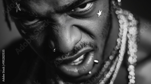 black white portrait dark skin man piercing fashion editorial dramatic lighting