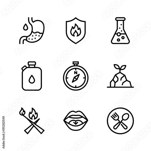 Collection of Medical and Survival Icons Representing Health and Adventure.