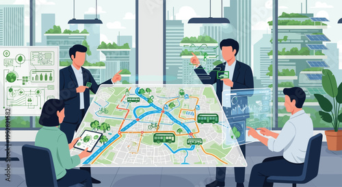 Business team planning urban development strategy on large map.