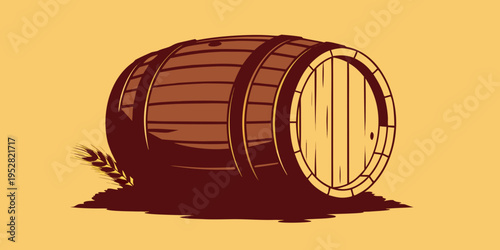 A vintage wooden barrel with wheat stalks on a warm background