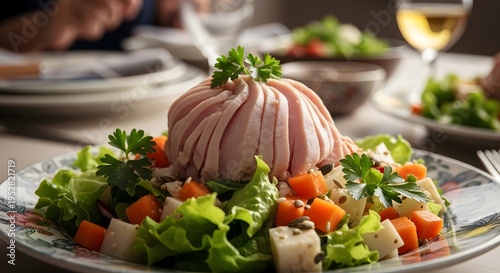 Delicious Salad with Ham and Fresh Vegetables.