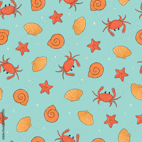 Summer seamless pattern with doodles of crabs, seashells, starfish on blue background for prints, wallpapers, stationery, wrapping paper, scrapbooking, etc. EPS 10