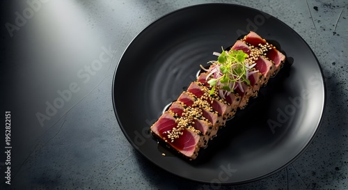 Delicious Seared Tuna Sashimi on a Black Plate.