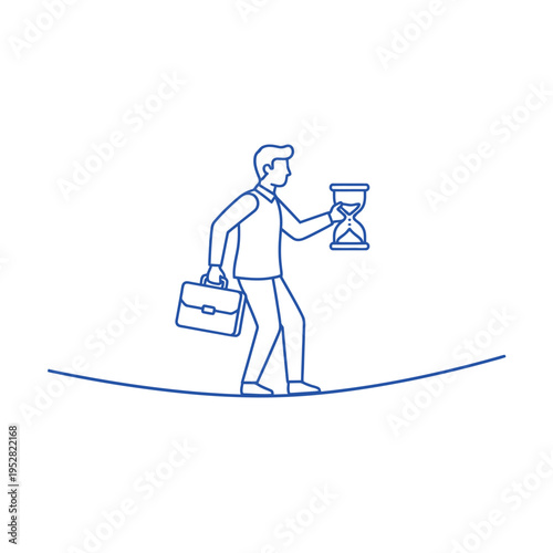Businessman balancing on tightrope holding hourglass and briefcase.