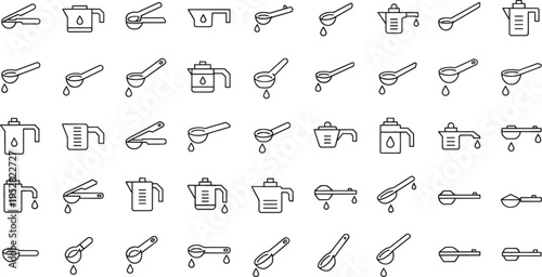 Collection of line depicting measuring cups and spoons with liquid measuring spoon kitchenware cooking