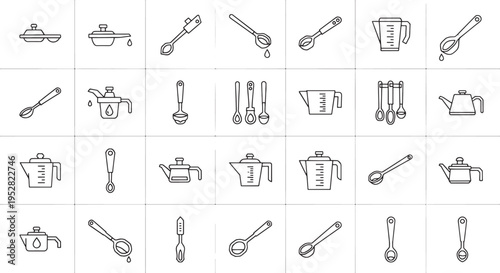 Collection of line depicting kitchen utensils and measuring cups line cooking spoon
