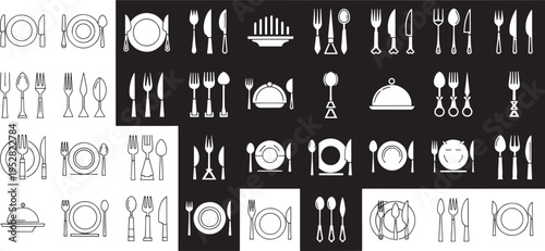 Collection of line depicting plates cutlery and serving dishes fork knife spoon