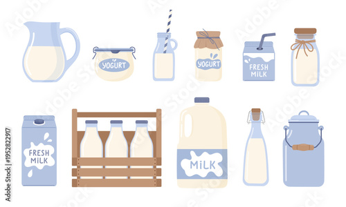 Dairy product set with milk bottles, yogurt jars and packaging. Cute flat vector illustration for farm food, organic dairy, grocery design, branding and healthy nutrition concept.