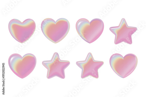 A collection of holographic pink heart and star shapes with a glossy three dimensional effect Vector