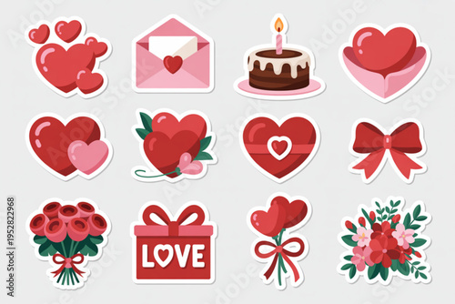 A collection of colorful valentine day themed sticker icons featuring hearts gifts and flowers Vector