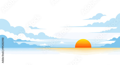 Vibrant Sunset Over Calm Ocean Horizon with Wispy Clouds