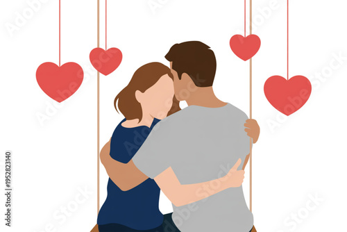A romantic illustration of a young couple embracing while sitting together on a wooden garden swing Vector