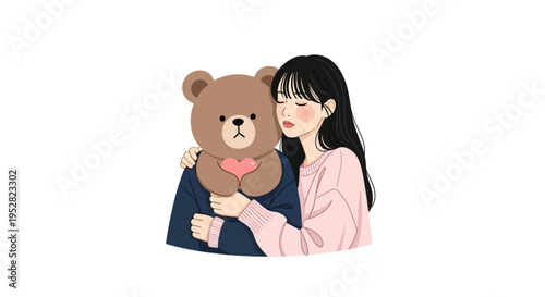 Young Woman Hugging Teddy Bear with Heart, Sweet Affection, Kawaii Illustration