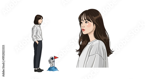 Young woman looking at astronaut with flag on moon, symbolizing dreams and exploration