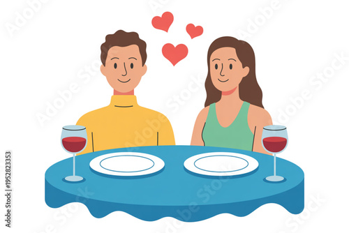 A happy young couple having a romantic dinner date together at a table with wine and empty plates Vector