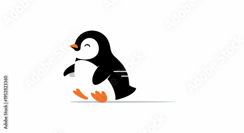 Cute cartoon penguin walking happily on white background, funny illustration