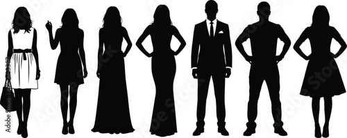 Black silhouette vector illustration of diverse men and women standing side by side in stylish fashion poses representing modern society.