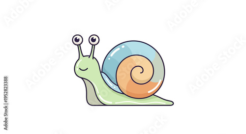 Cute cartoon snail with big eyes and colorful shell on white background