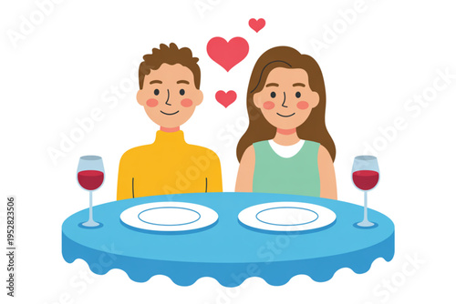 A happy young couple having a romantic dinner date sitting together at a table with red wine Vector