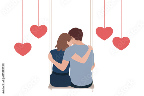 A romantic couple sitting together on a swing surrounded by hanging red heart shapes for valentines Vector