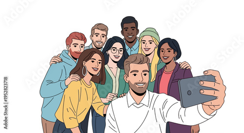 Diverse friends taking a selfie together, happy group photo