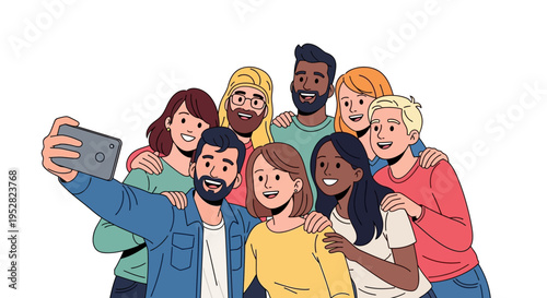 Diverse group of friends taking a selfie together, smiling happily