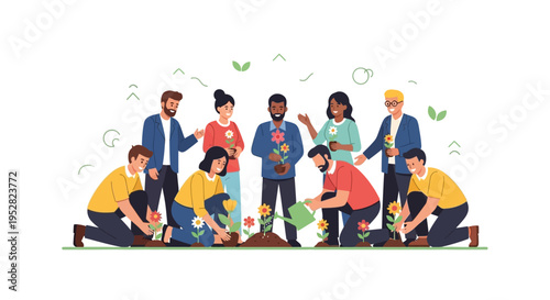 Diverse group planting flowers, community garden, teamwork, sustainability, nature