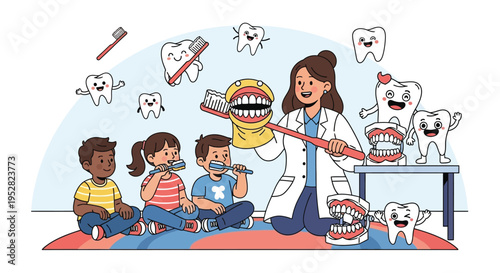 Children learning dental hygiene from a dentist.