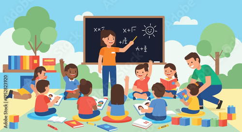 Children learning outdoors with teacher and assistant.