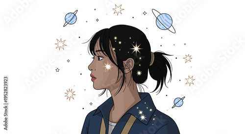 Dreamy girl with starry sky and planets, outer space fantasy illustration