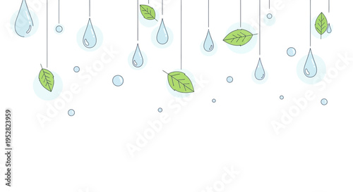 Falling Raindrops and Green Leaves - Freshness and Nature Illustration