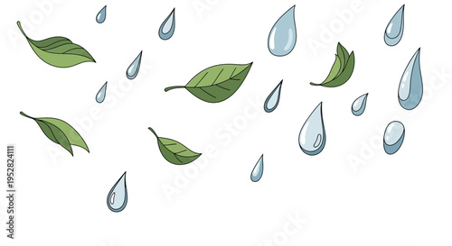 Green Leaves Falling with Raindrops Isolated on White Background