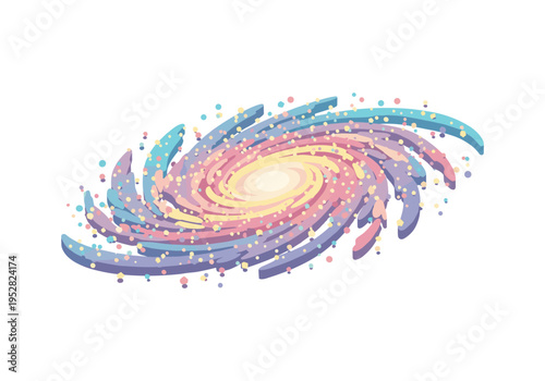 Whimsical spiral galaxy illustration with pastel colors and scattered dots