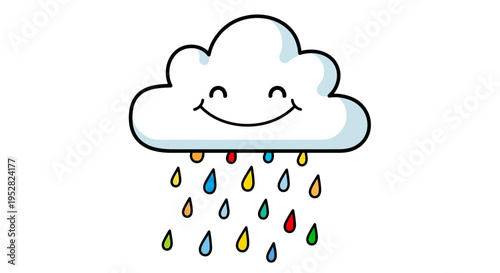 Happy Cartoon Cloud Raining Colorful Drops Isolated on White Background