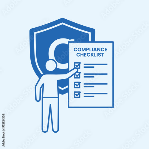 Business Compliance Checklist Icon with Shield and Person.