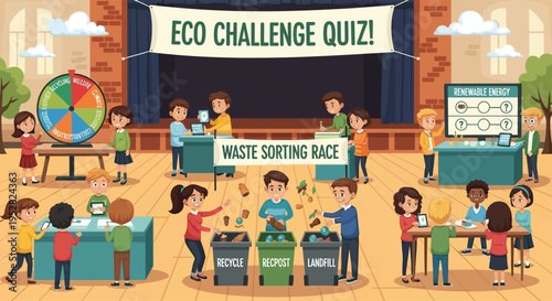 Children Participating in Eco Challenge Quiz and Waste Sorting Race.