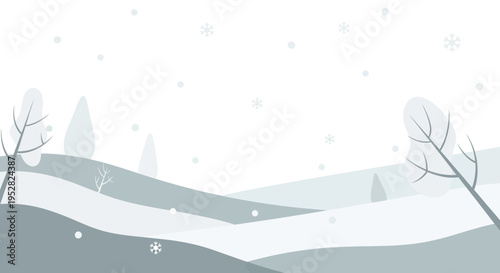 Minimalist winter landscape with falling snow and stylized trees.