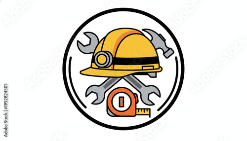 illustration of a construction helmet with crossed wrenches, a hammer, and a tape measure in a circular badge, representing building industry, home repair, and handyman services