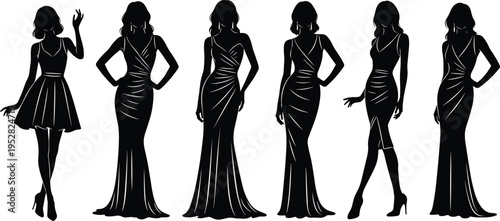 Elegant fashion silhouettes of women in stylish dresses showcasing diverse evening gown designs, modern apparel poses, and graceful modeling illustration vector
