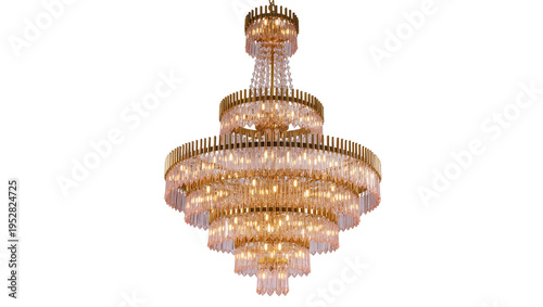 Photos Isolated luxurious multi-tiered crystal chandelier with golden frame and sparkli