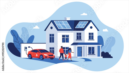 Electric Car Charging at Home – Wall Box Charger, Family, Solar Panels, and Smart City Skyline. Renewable Energy Vector Illustration