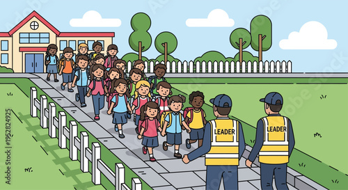 Children walking in a line with leaders.