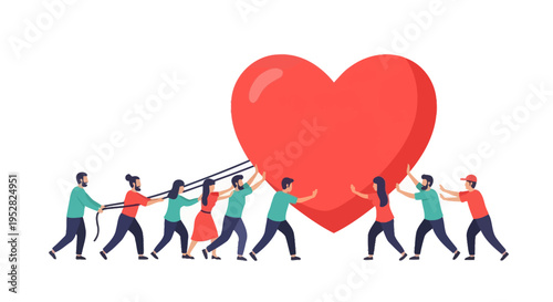 Teamwork pushing large red heart, unity and support concept illustration