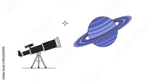 Telescope Observing Ringed Planet and Star in Space